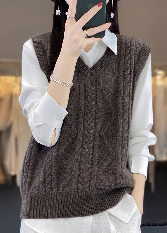 Camel V Neck Thick Cable Wool Knit Waistcoat Fall Qp042