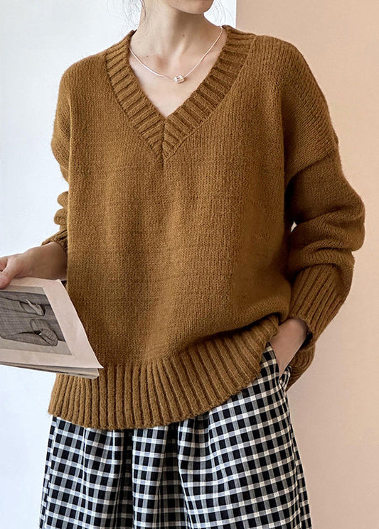 New Brown Hollow Out Cozy Cotton Knit Sweaters Long Sleeve Af1098