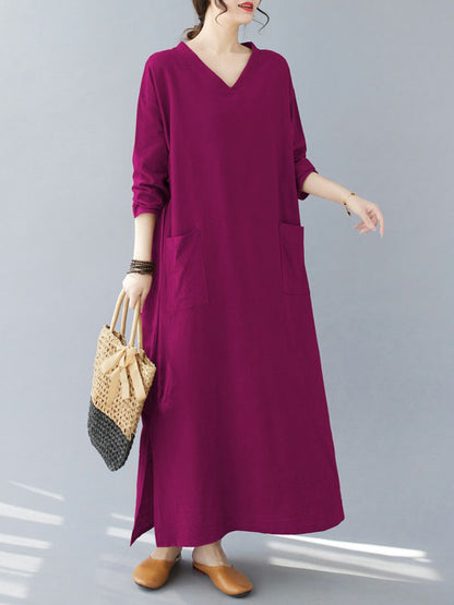 A-line Long Sleeves Pockets Color Split-side V-neck Maxi Dresses