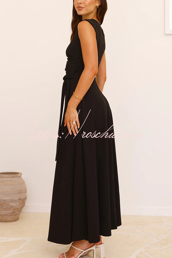 Color Sloped Collar Slim Fit Waist Lace Up Full Hem Maxi Dress