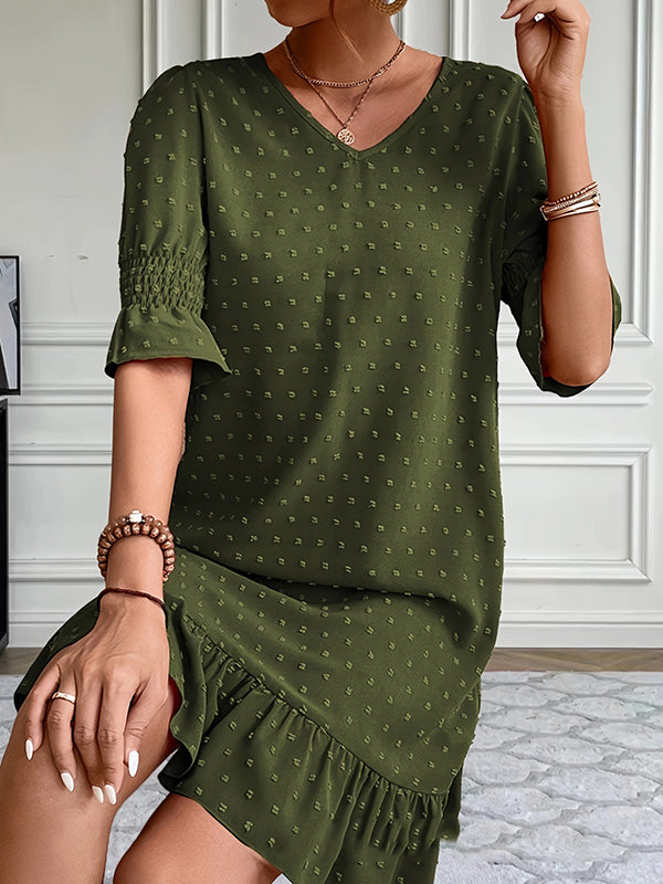 A-line Flared Sleeves Elasticity Jacquard Pleated Color Split-joint V-neck Mini Dresses