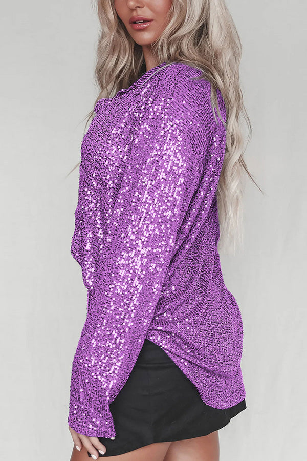 Color Button-down Long-sleeve Sequined Cardigan