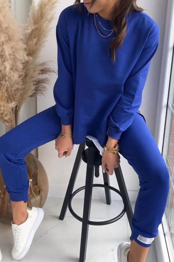 Color Round Neck Long-sleeved Sweatshirt and Elastic Waist Pants Set