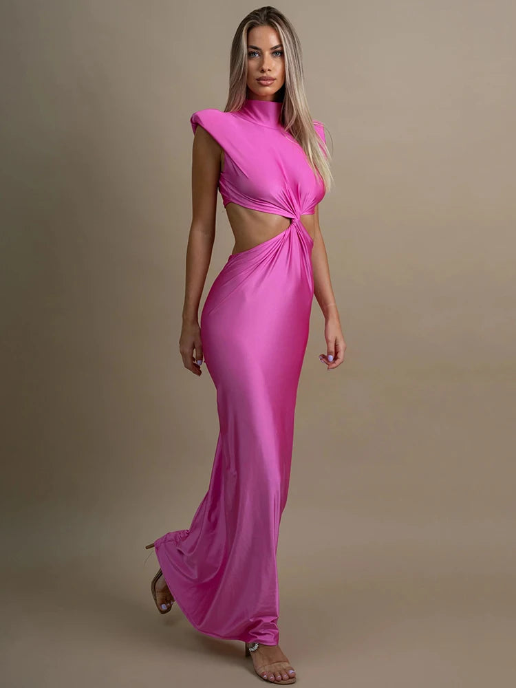 Hollow Out Turtleneck Maxi Dress for Sleeveless Bodycon Tank Dresses Femme Club Party Dress
