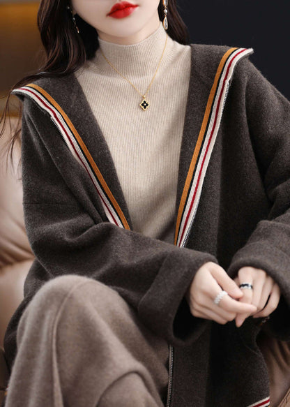 Unique Beige Zippered Patchwork Cozy Woolen Hoodie Cardigans Winter Wv020