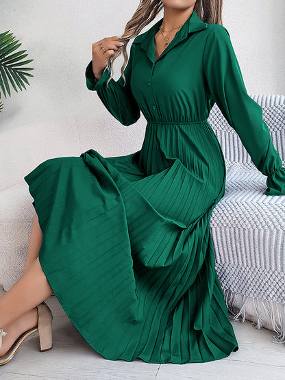 A-line Flared Sleeves Buttoned Elasticity Pleated Color Lapel Maxi Dresses