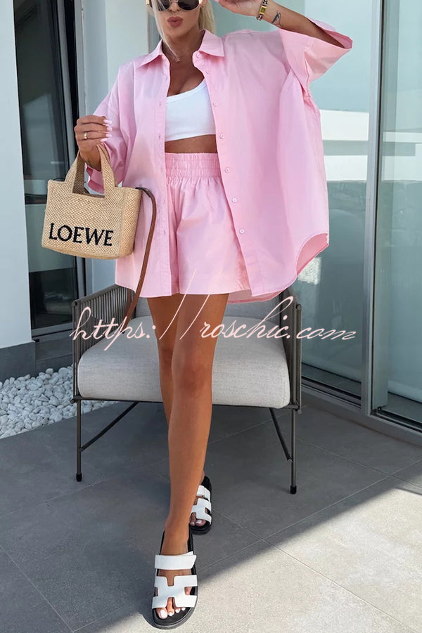 Summer Loose Short-sleeved Shirt and Elastic High Waist Shorts Set