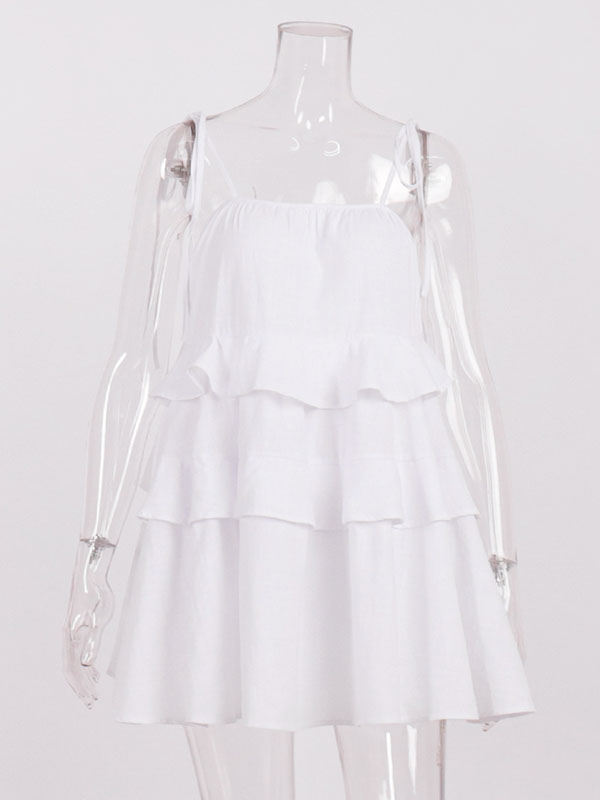 High Waisted Loose Backless Layered Pleated Color Tied Spaghetti-neck Mini Dresses