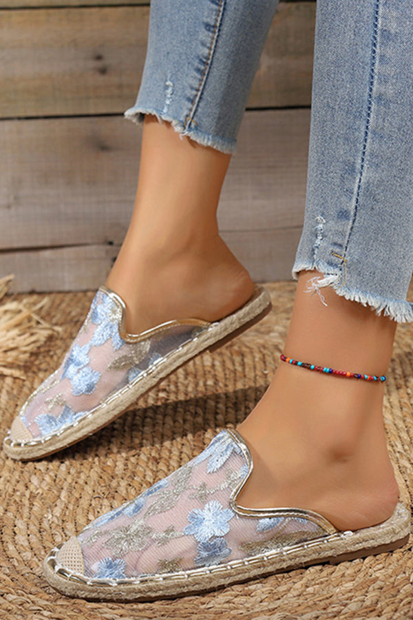 Linen Woven Flat Round Toe Half Slippers