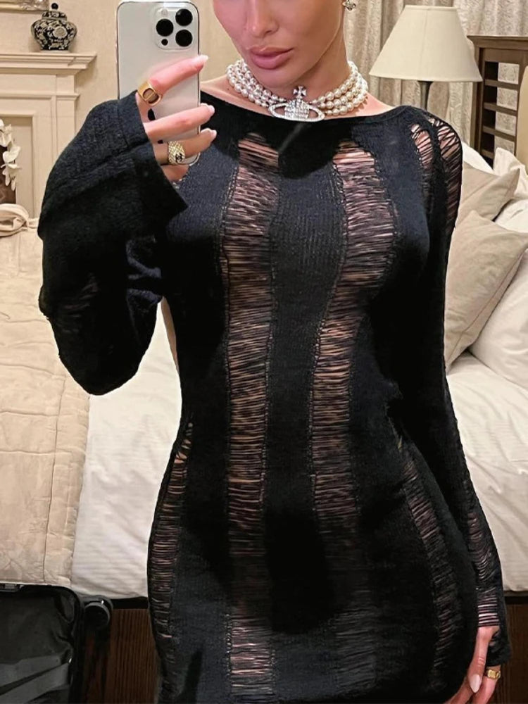 Sheer Knitted Dress Bodycon Long Sleeve Hollow Out Mini Dresses Femme Club Backless Knitwear Dress