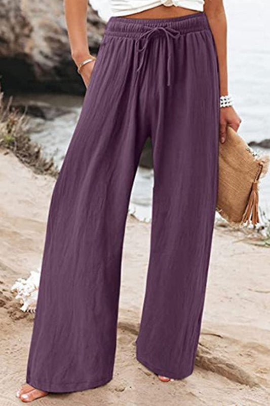 Cotton Linen Wide-leg Drawstring Beach Pants Pants