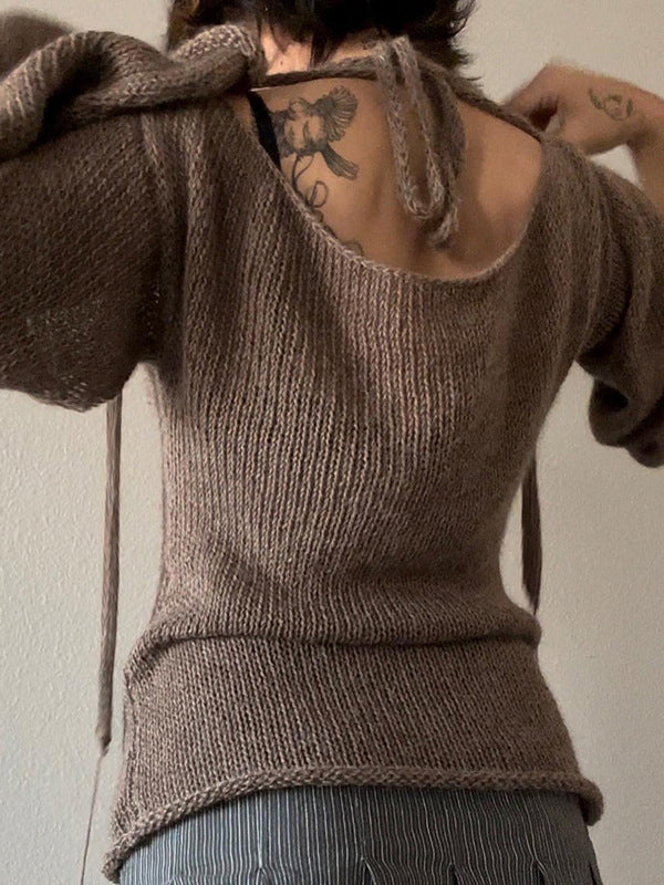 Brown Round-neck Back Cross Hollow Lace-up Long Bell Sleeve Sweater An1039