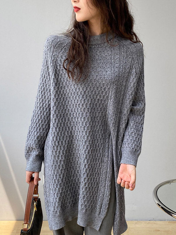 Retro Oatmeal Round-neck Split-side Long Sleeve Twist Knit Sweater An1045