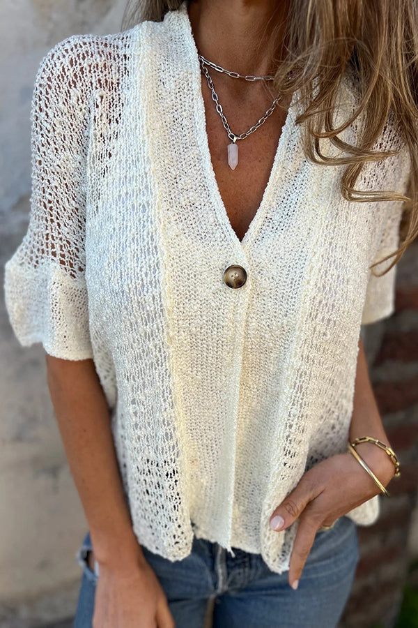 Color Hollow Sleeve V-neck Button Knitted Cardigan