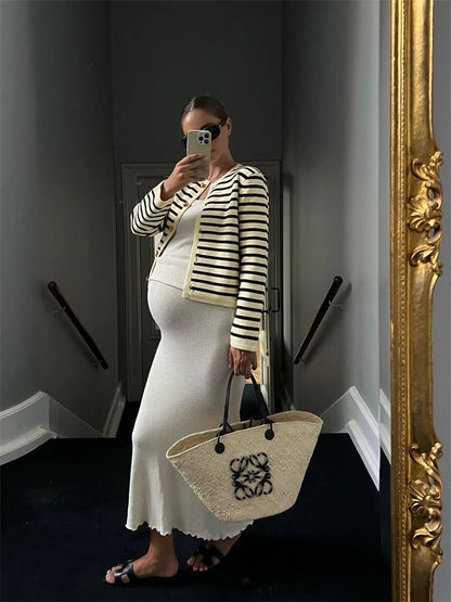 Striped Knit 2 Piece-set Shorts Zebra Printed Cardigan and High Waist Patchwork Shorts Sets Knitwear Outfits