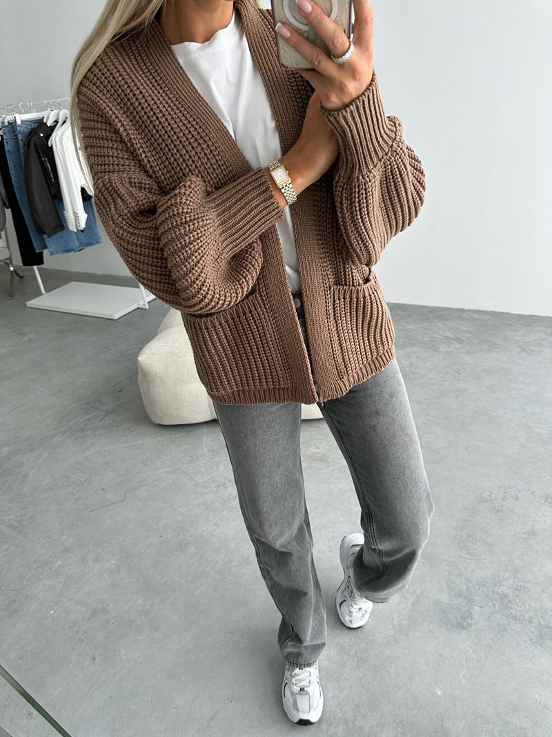 Color V-neck Long-sleeved Knitted Cardigan