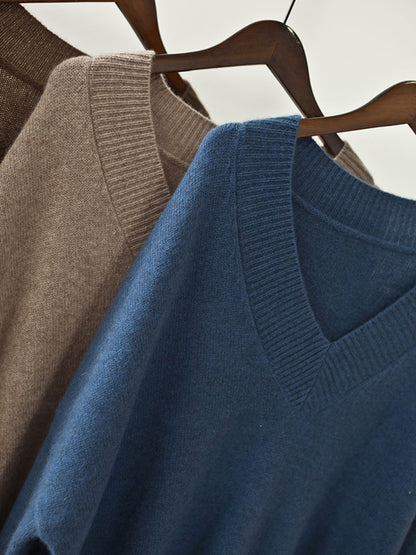 Stylish Long Sleeves Loose Color V-neck Sweater Dresses
