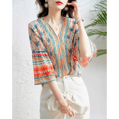 Woman Summer Style Chiffon Blouses Tops Lady Hafl Flare Sleeve V-neck Printed Blusas Tops Zz1326
