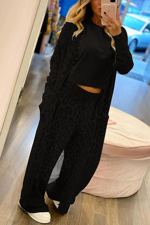 Comfort First Leopard Print Pocket Long Sleeve Cardigan Elastic Waist Pants Set