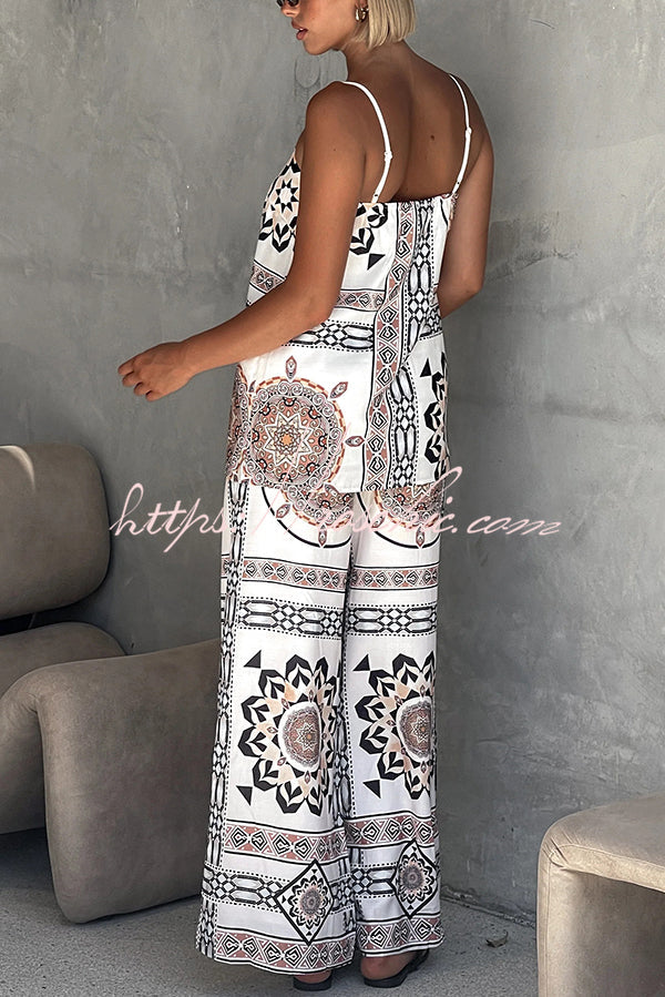 Unique Print Loose Tank Top and Elastic Waist Wide Leg Straight Pants Set