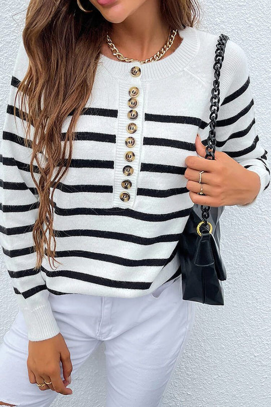 ��s Crew Neck Button Raglan Sleeves Striped Sweater