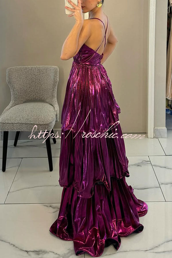 Seize the Pleated Metallic Fabric Cutout Tiered Maxi Dress