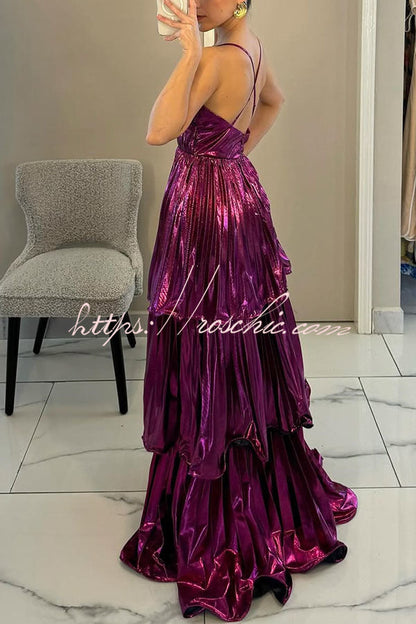 Seize the Pleated Metallic Fabric Cutout Tiered Maxi Dress