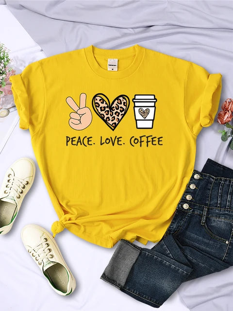 Peace Love Coffee Prints Tshirts Cotton T-shirts Brand Breathable Tees Shirts Street O-neck Tshirt for