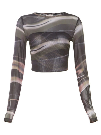 Summer New Clothing Print Mesh Tops Backless Long Sleeve Tees Slim Short Umbilical Cord T-shirts