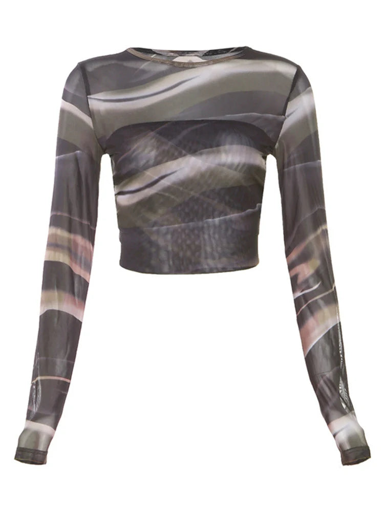 Summer New Clothing Print Mesh Tops Backless Long Sleeve Tees Slim Short Umbilical Cord T-shirts