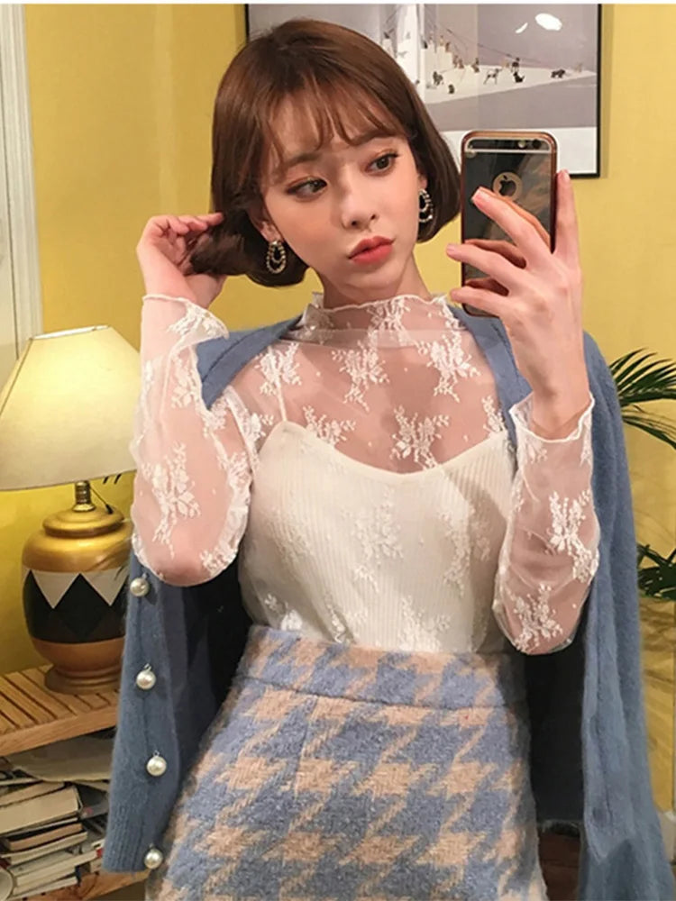 Summer Lace Embroidery Blouses Shirt Tops Mesh Blouses Transparent See-through Black Shirt