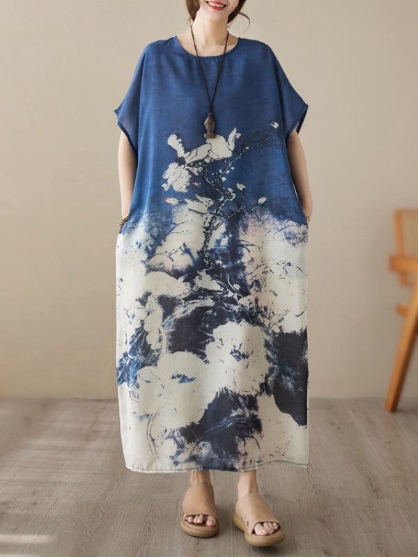 Loose Short Sleeves Printed Round-neck Maxi Dresses