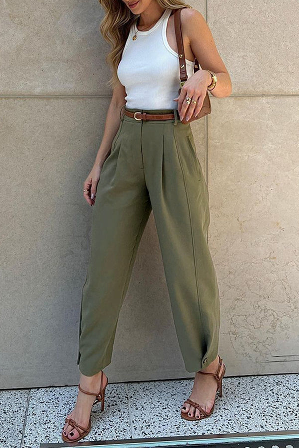 Color High-waisted Belted Loose-fitting Suit Pants