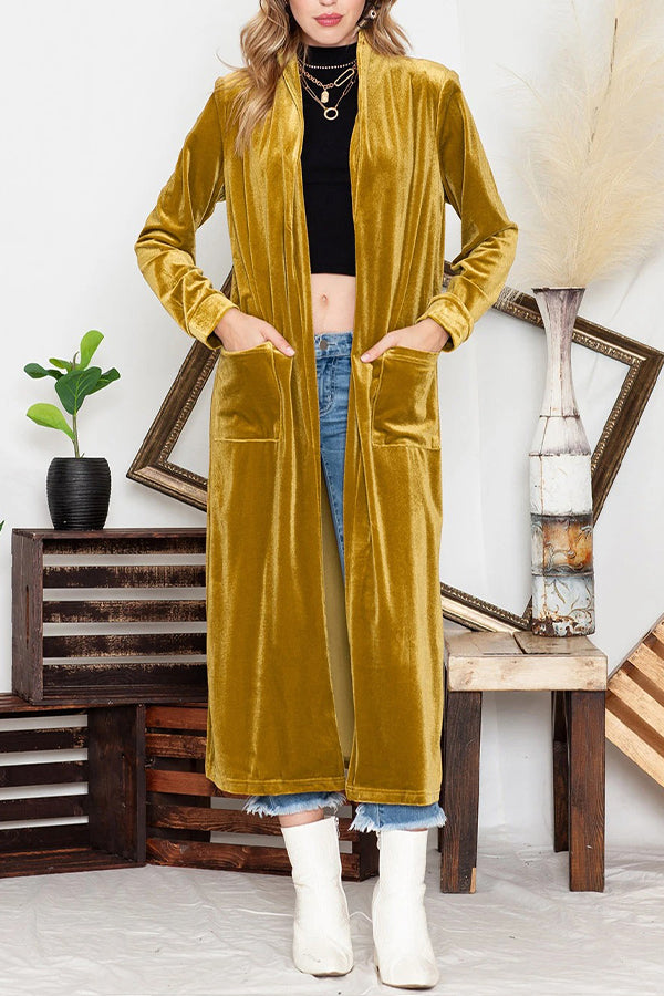 Yellow Velvet Open Front Pocket Long Cardigan