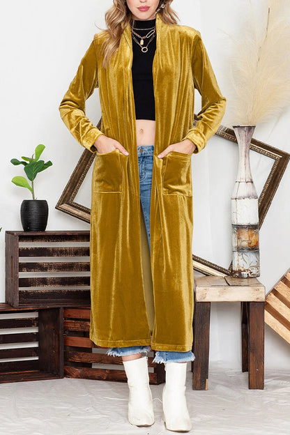 Yellow Velvet Open Front Pocket Long Cardigan