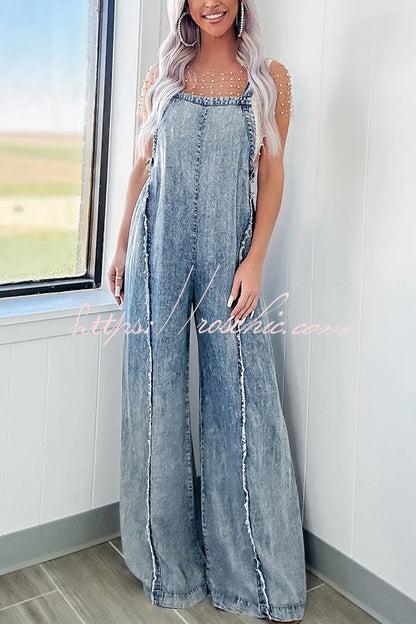 Washed Denim Raw Edge Elastic Waist Wide Leg Jumpsuit