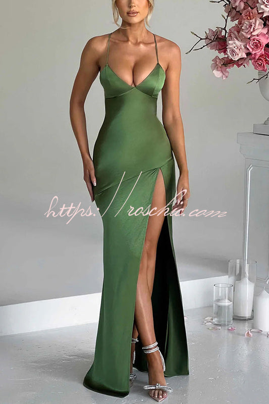 Satin Color Backless Lace Up High Slit Maxi Dress