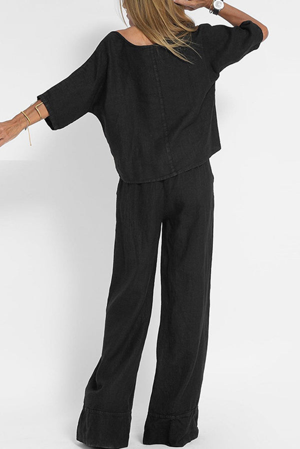 Linen Blend Color Round Neck Top and Loose Wide-leg Pants Set