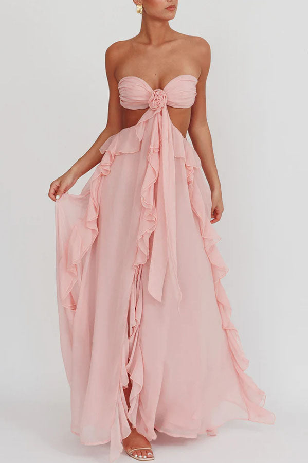 Vacation Halter Rose Detail Cut Out Ruffles Backless Maxi Dress