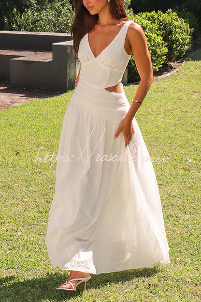 Color V-neck Waist Hollow Slim Maxi Dress