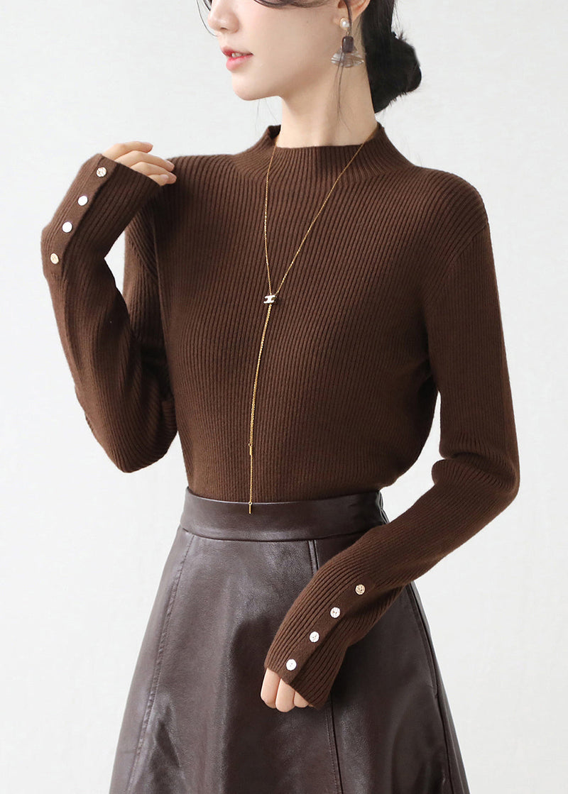 New White Hign Neck Button Patchwork Knit Sweater Winter Rv026