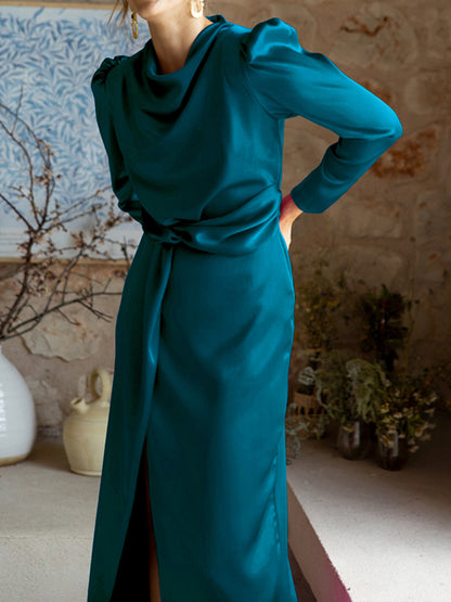A-line High Waisted Pleated Color Split-front Mock Neck Maxi Dresses