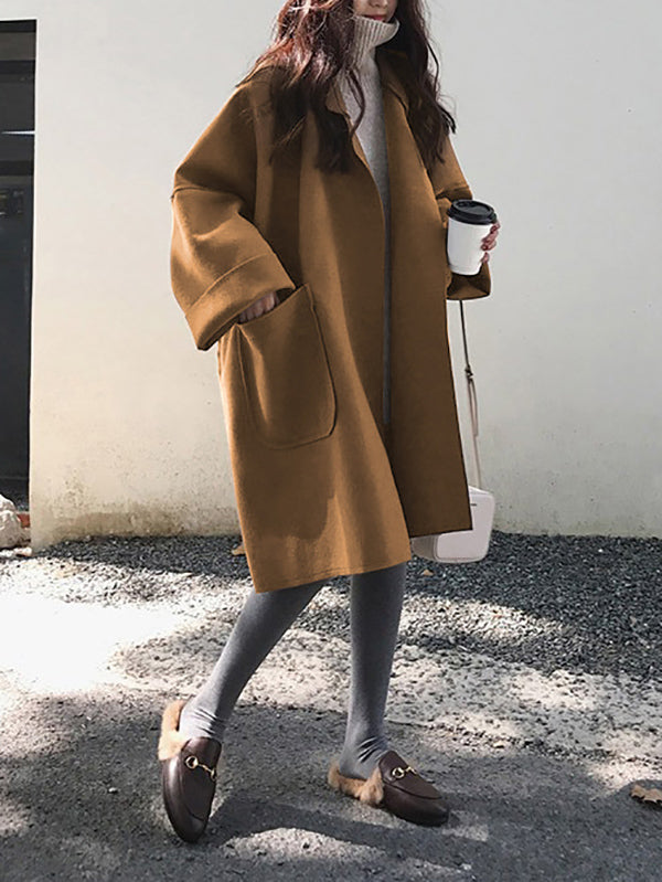 Loose Khaki Notched Collar Buttoned Pockets Long Sleeves Woolen Coat Ws013