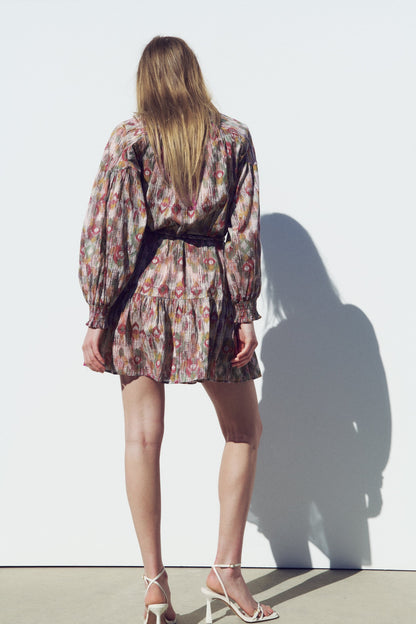 Puff Long Sleeve Buttoned Lace Up Ruffle Hem Mini Dress