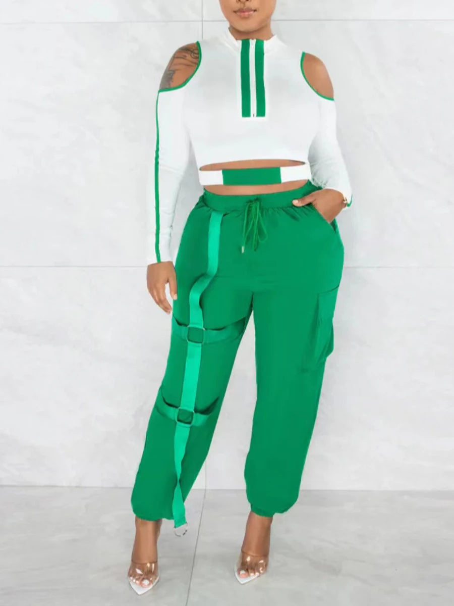 Color Block Zipper Cut Out Round Neck Cold Shoulder Pierced Drawstring Two Piece Pants Set