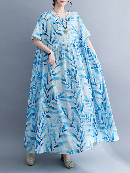 Loose Short Sleeves Leaf Pleated Printed Split-joint Round-neck Midi Dresses