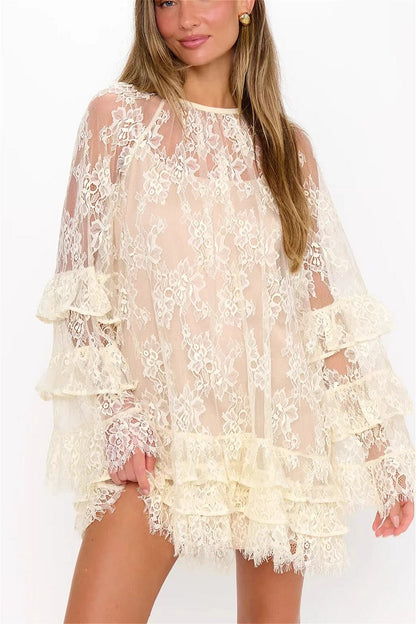 Lace Sheer Ruffle Cover Up Mini Dress