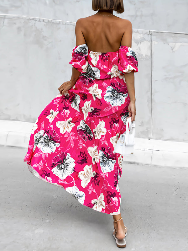 A-line Loose Elasticity Flower Print Pleated Split-joint Tied Waist Off-the-shoulder Maxi Dresses