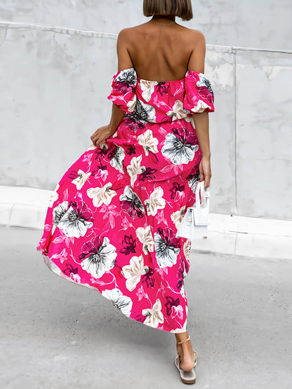 A-line Loose Elasticity Flower Print Pleated Split-joint Tied Waist Off-the-shoulder Maxi Dresses