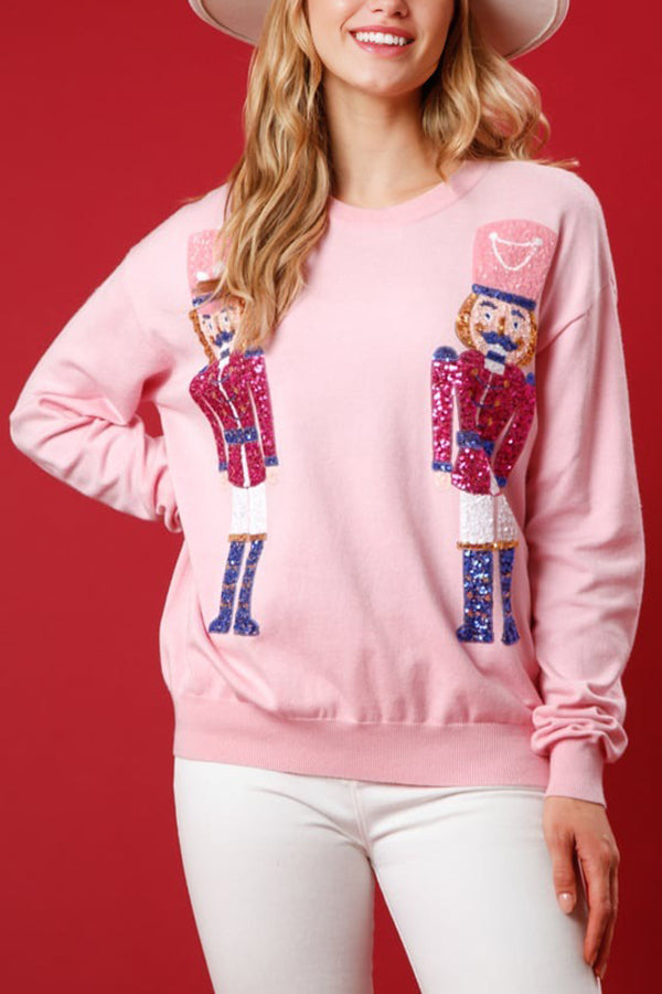 Christmas Guards Sequined Round Neck Loose Sweatshirt